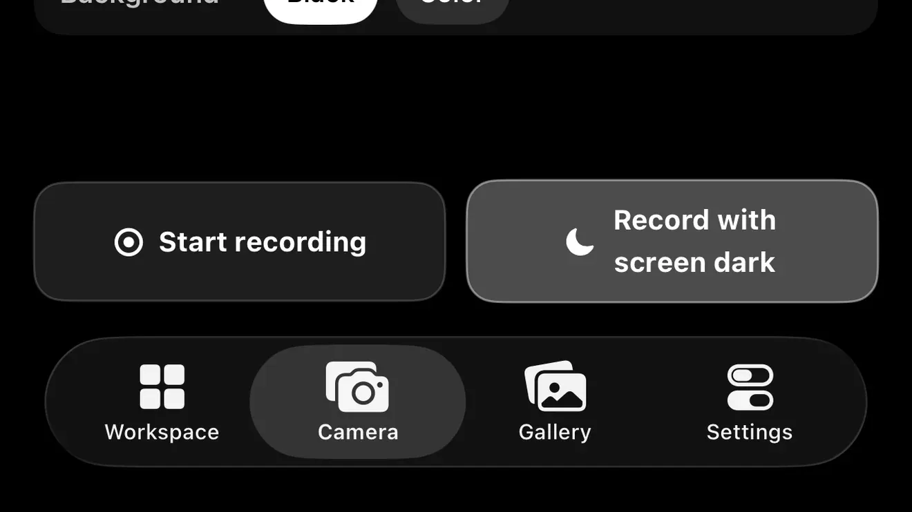 NoLight's camera controls: mode, lens, resolution, microphone and background